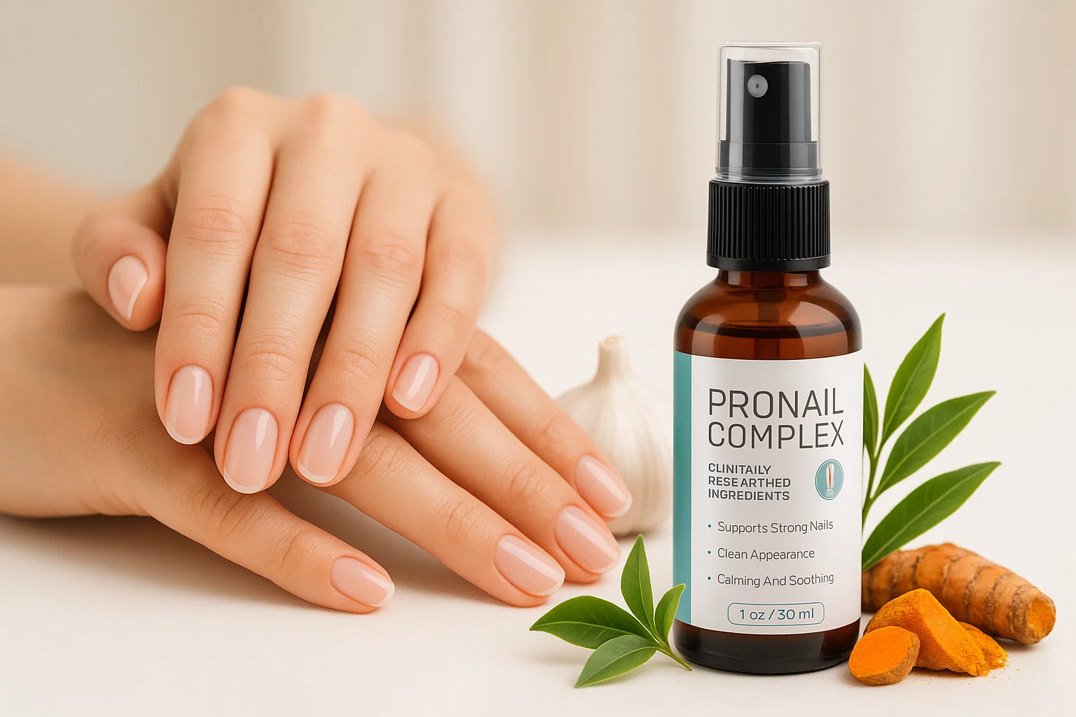 Female hands with healthy nails next to a ProNail Complex supplement bottle