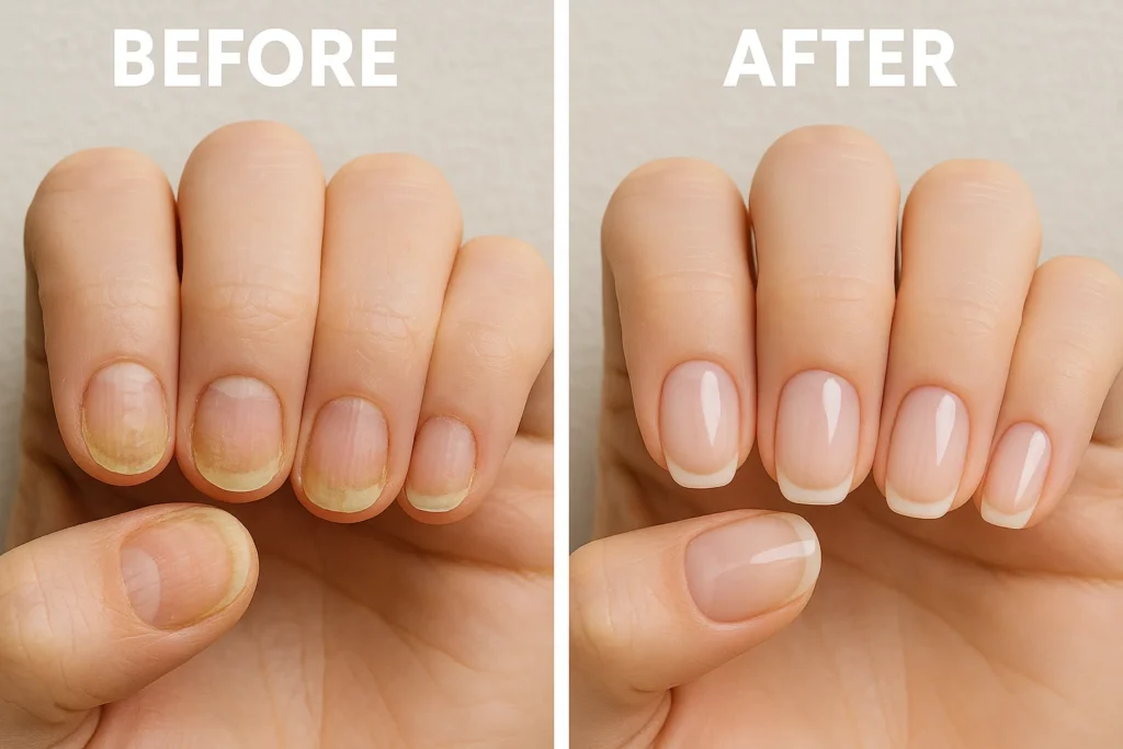 Before and after results of using ProNail Complex showing damaged nails restored to healthy and strong condition