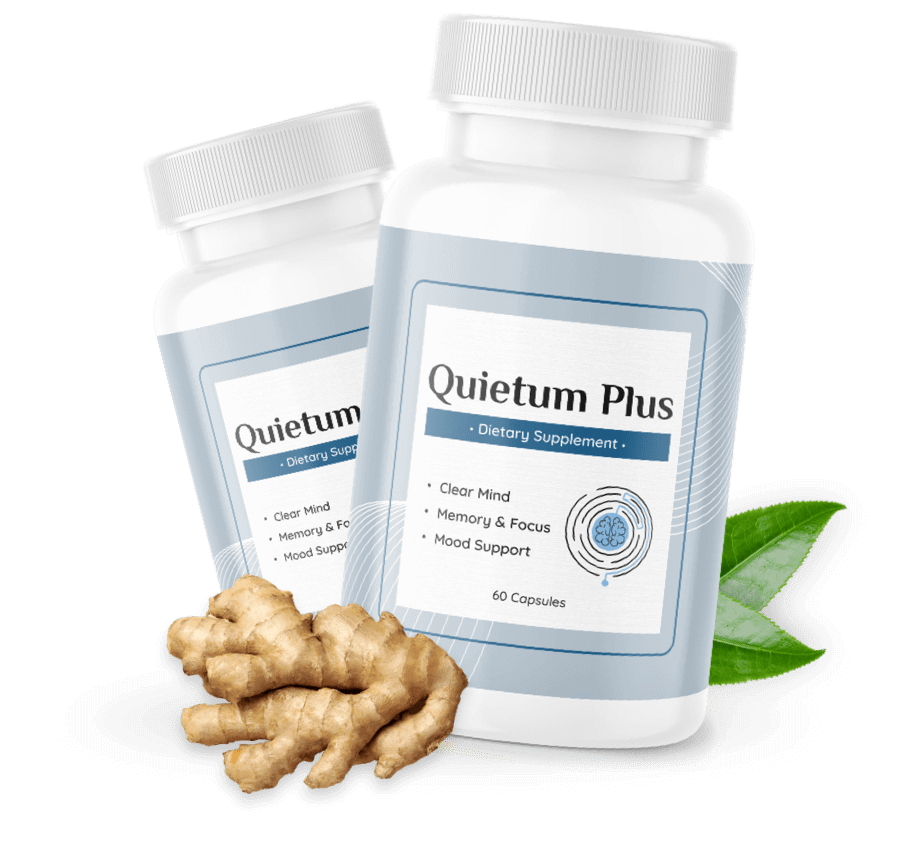 Quietum Plus dietary supplement bottle with natural ingredients and vitamin icons in the background