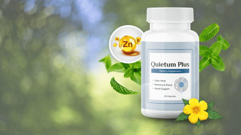Quietum Plus dietary supplement bottle with natural ingredients and vitamin icons in the background