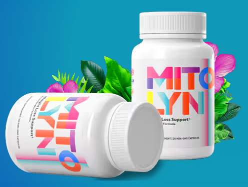 Mitolyn supplement bottle on blue background