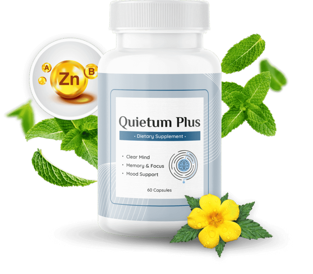 Quietum Plus dietary supplement bottle with natural ingredients and vitamin icons in the background
